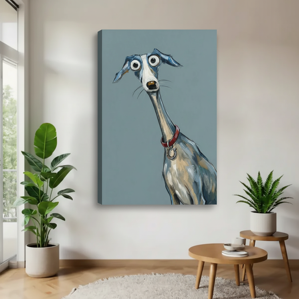  Frameless canvas wrap of quirky greyhound with googly eyes and red collar on blue-grey background, humorous dog wall art for modern