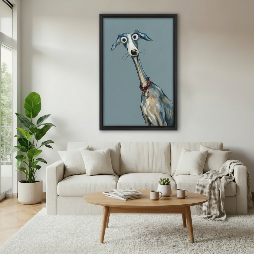 Quirky greyhound dog big eyes red collar framed wall art above cream sofa, humorous cartoon dog canvas for Scandinavian living room