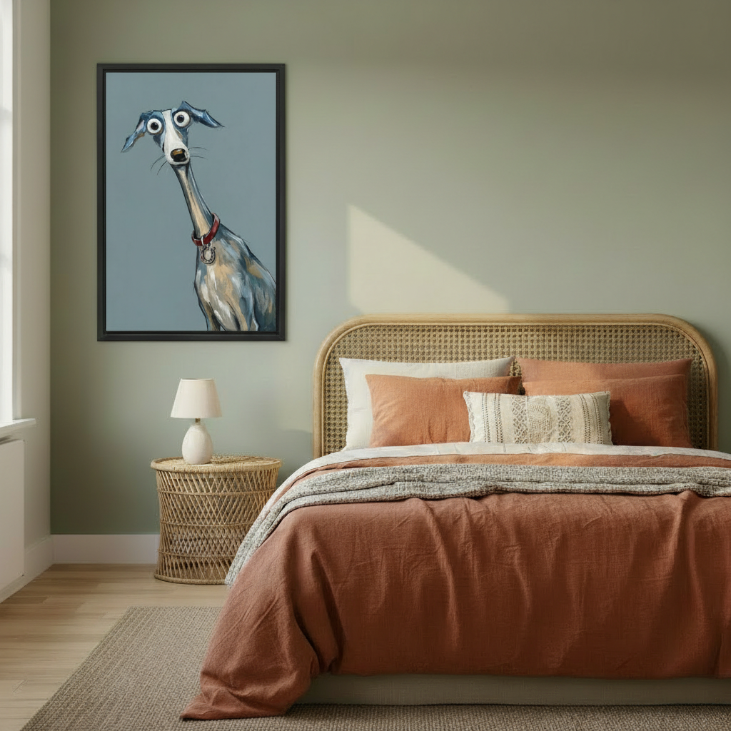 Funny greyhound with googly eyes and red collar framed wall art beside rattan bed, whimsical cartoon dog print for boho bedroom decor

