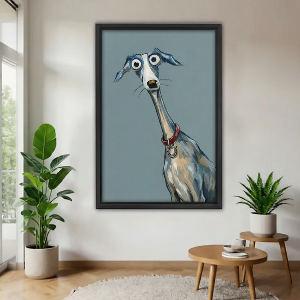 Funny greyhound dog with big eyes and red collar framed wall art on white wall between plants, quirky cartoon dog canvas for living room
