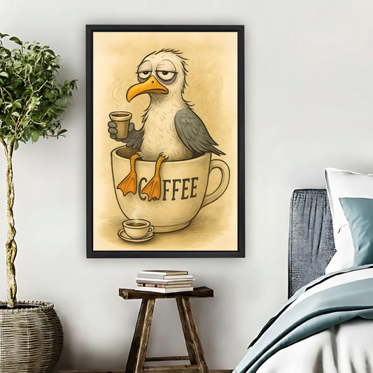 Funny grumpy seagull in coffee cup framed canvas wall art with warm yellow background hung beside a bed in a cozy bedroom