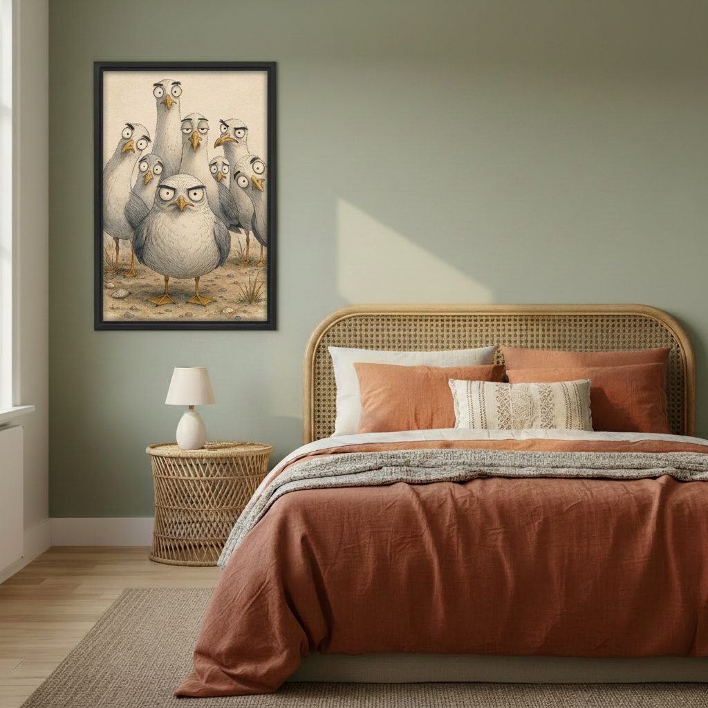 Funny grumpy seagulls canvas wall art in a black frame beside a rattan bed with terracotta bedding.