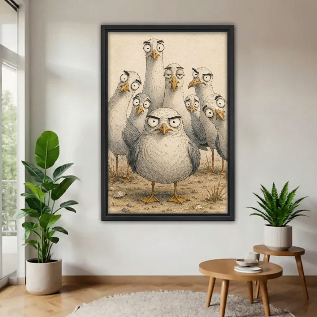 Black-framed funny grumpy seagulls canvas wall art displayed beside a window with houseplants and wooden tables.