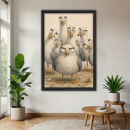 Black-framed funny grumpy seagulls canvas wall art displayed beside a window with houseplants and wooden tables.