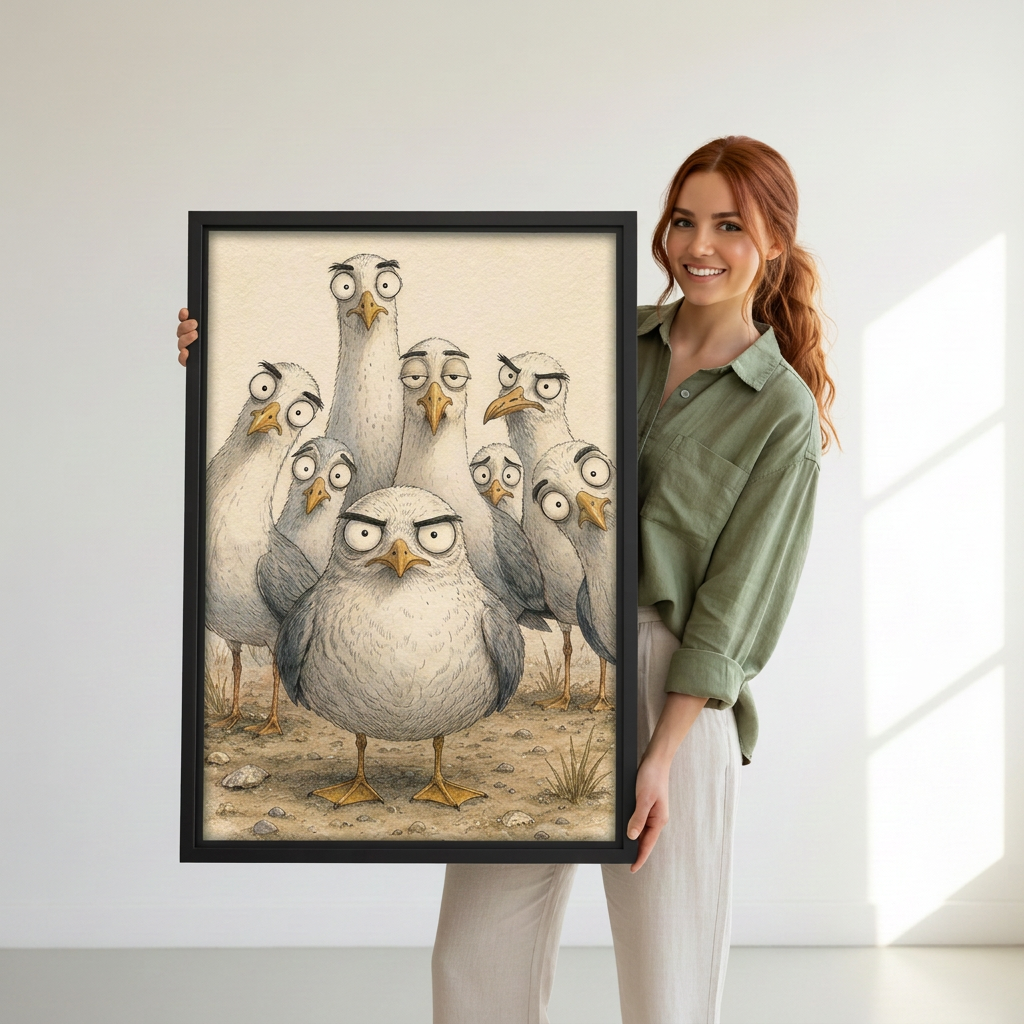 Woman holding black-framed funny grumpy seagulls canvas wall art with a round bird leading an expressive flock.
