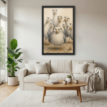 Black-framed funny grumpy seagulls canvas wall art hanging above a cream sofa in a bright living room.