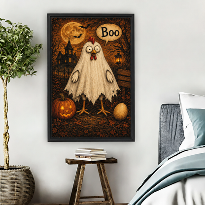 Funny Halloween ghost chicken canvas wall art in a black frame beside a potted tree and bed