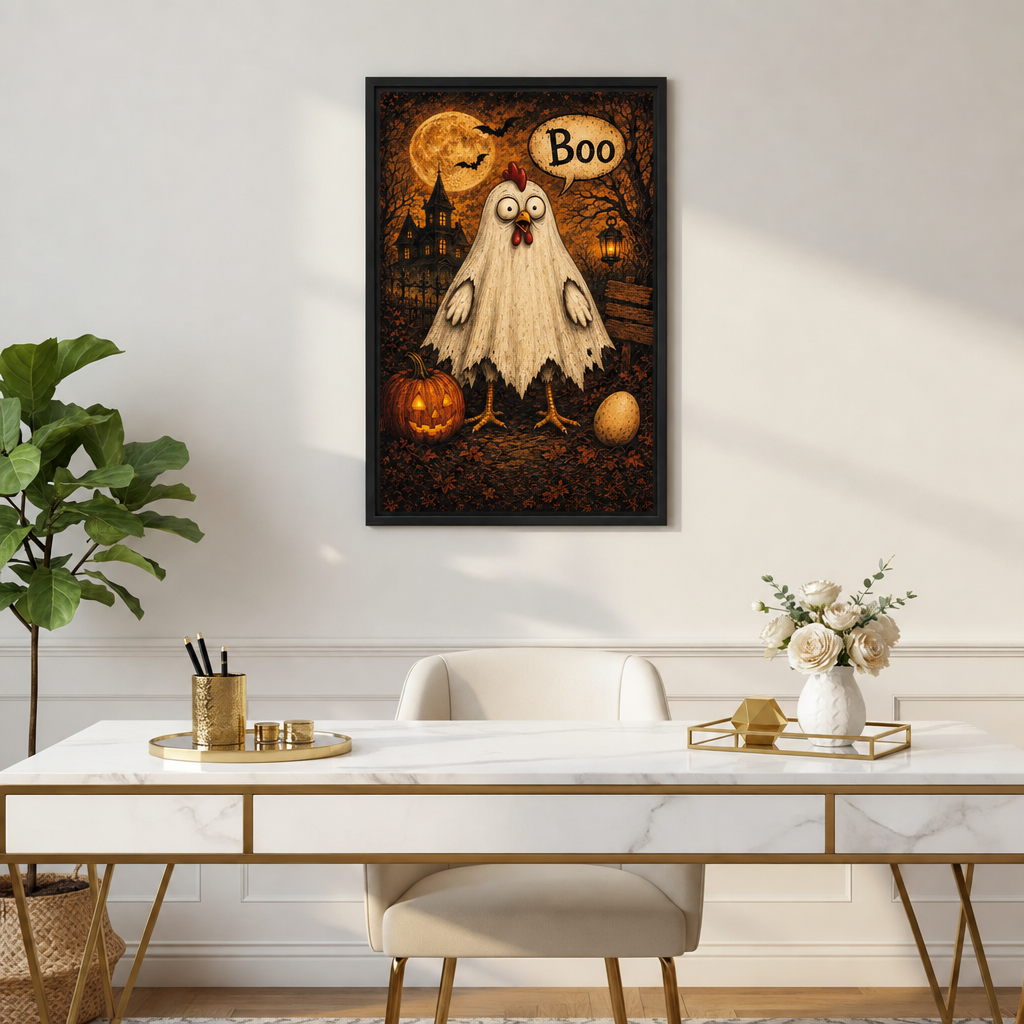 Framed funny Halloween ghost chicken canvas wall art above a white marble desk with gold accents