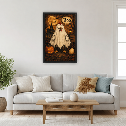 Framed funny Halloween ghost chicken canvas wall art hanging over a light gray sofa and wooden coffee table