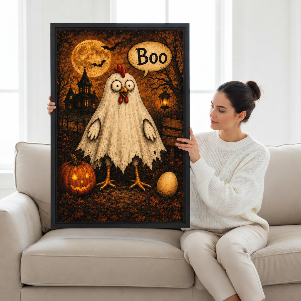 Woman in a white sweater holding framed funny Halloween ghost chicken canvas wall art on a sofa