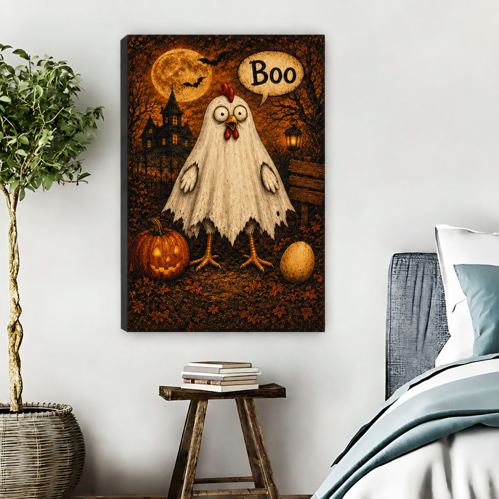 Gallery-wrap funny Halloween ghost chicken canvas wall art above a wooden stool with books beside a bed