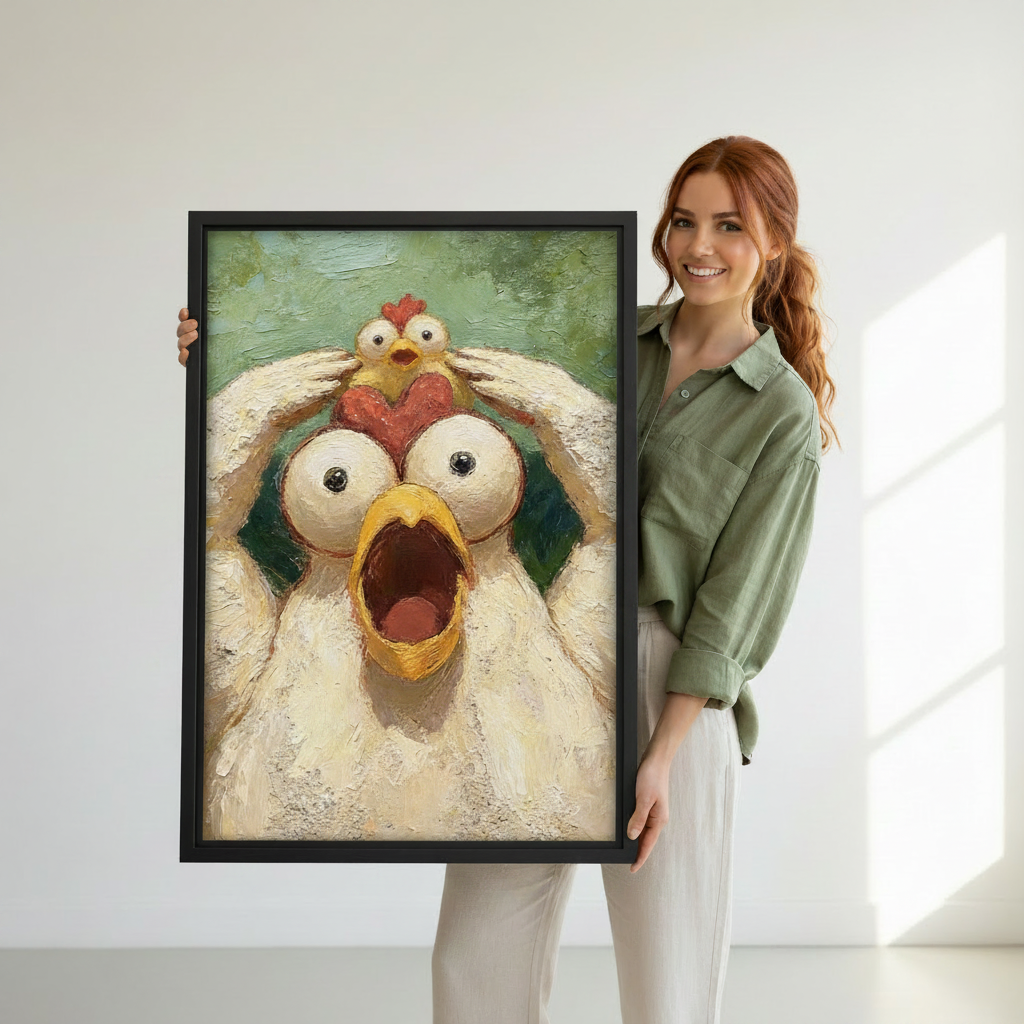 Smiling woman holding a large framed funny screaming hen and chick oil painting style wall art print showing actual size reference in a white studio