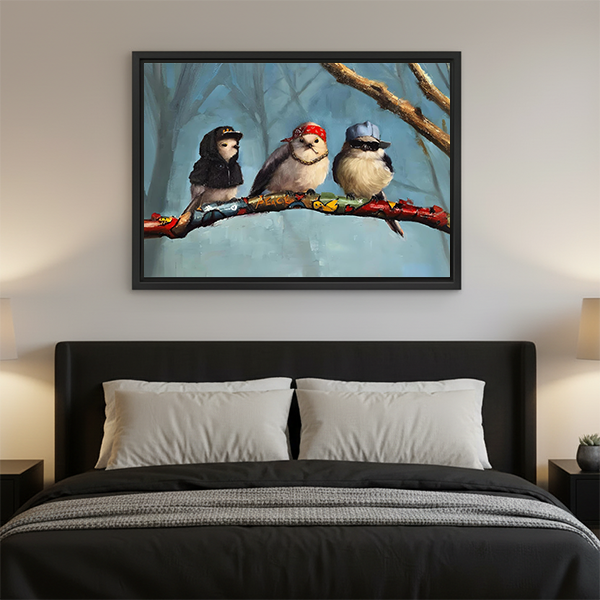 Funny hip-hop birds framed art print with three birds in caps and gold chains displayed as bedroom wall decor above a dark upholstered bed