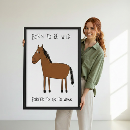 Funny horse canvas wall art held in a black frame to show its large vertical scale.