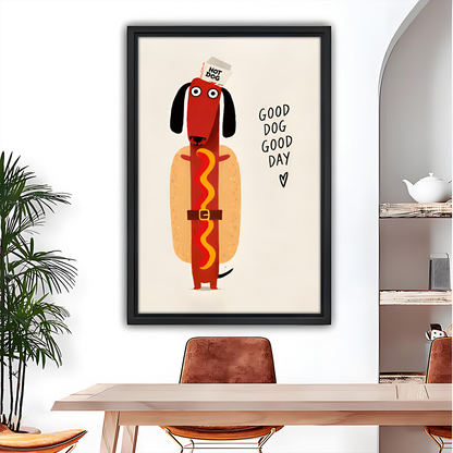 Funny hot dog dachshund canvas wall art framed above a dining console with a lantern.