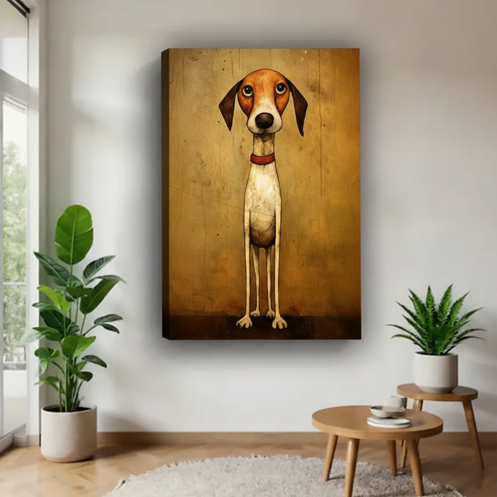 Whimsical dog vintage canvas wall art no frame — quirky hound on amber wood texture, gallery wrap living room decor