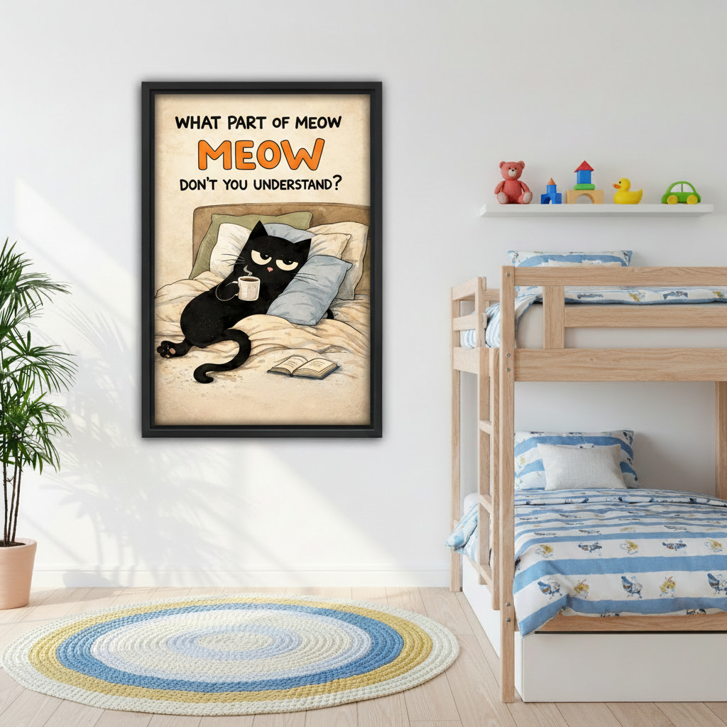 Humorous lazy cat meow quote canvas wall art in black frame above a bed with white bedding in a cozy bedroom