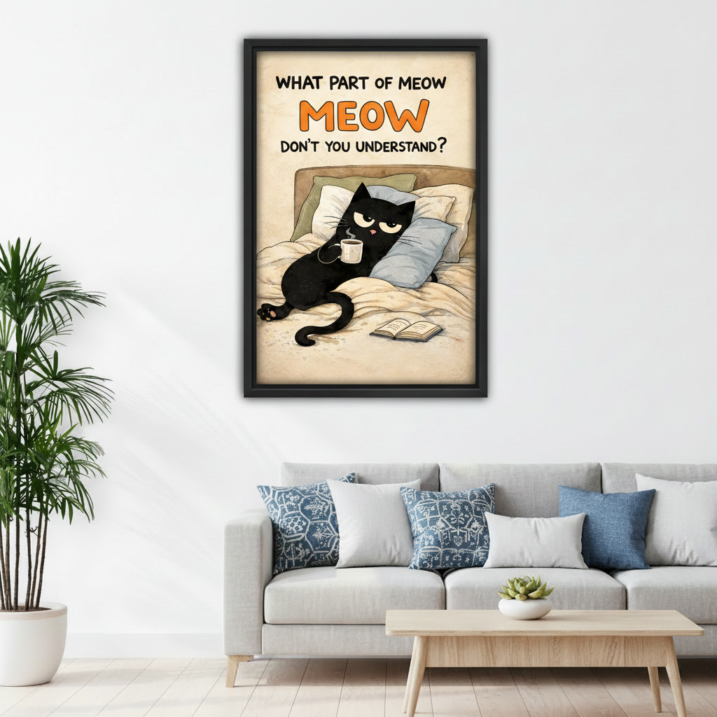 Funny lazy cat meow quote framed canvas print displayed above a sofa in a bright modern living room