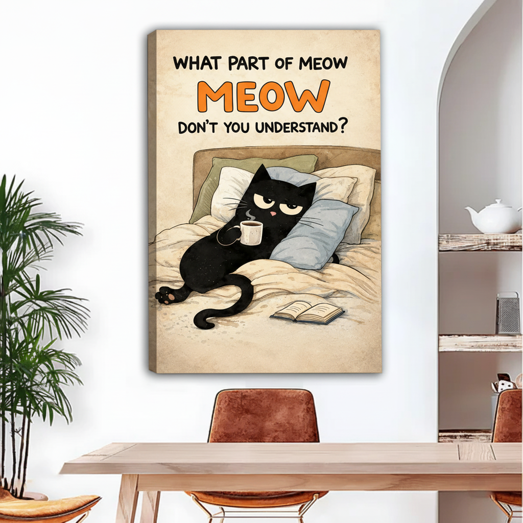 Frameless gallery wrap canvas of grumpy black cat meow quote in vintage poster style above a wooden console