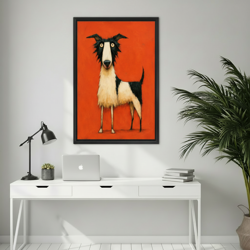 Funny long-legged dog pop art canvas print in black frame above beige armchair in eclectic living room decor