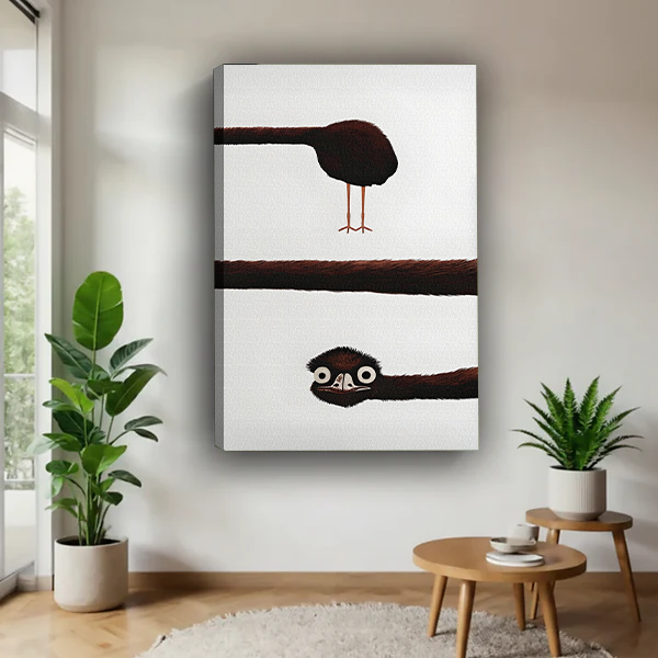 Woman holding a framed funny peekaboo bird minimalist canvas wall art print