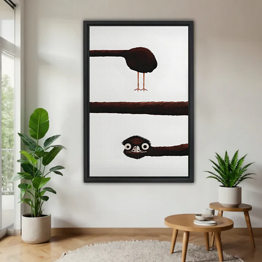  Funny peekaboo bird minimalist canvas wall art framed in a bright modern living room