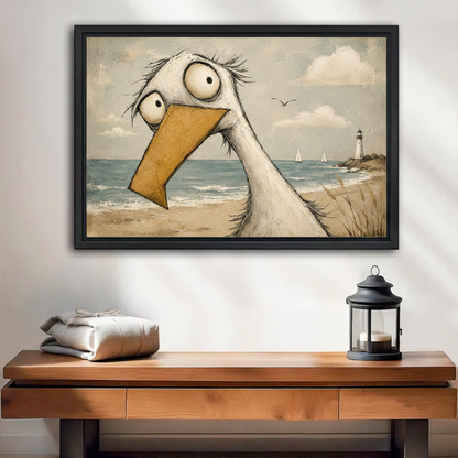 Funny cartoon pelican close-up vintage framed canvas wall art displayed above wooden console table in neutral entryway