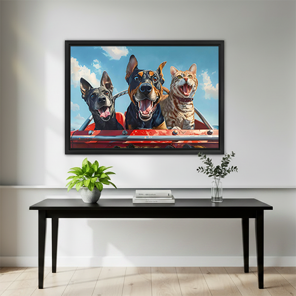 Funny dog and cat road trip framed canvas art above black console table in modern living room