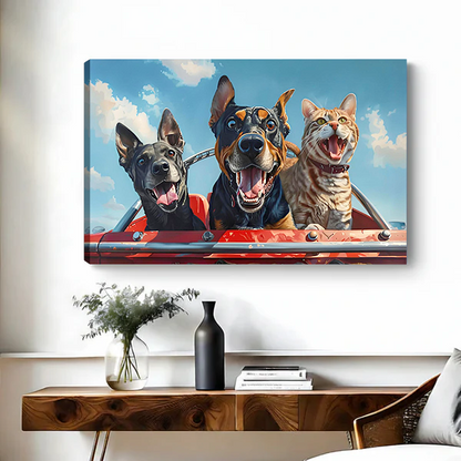 Whimsical dogs and cat road trip canvas art print displayed on living room wall without frame