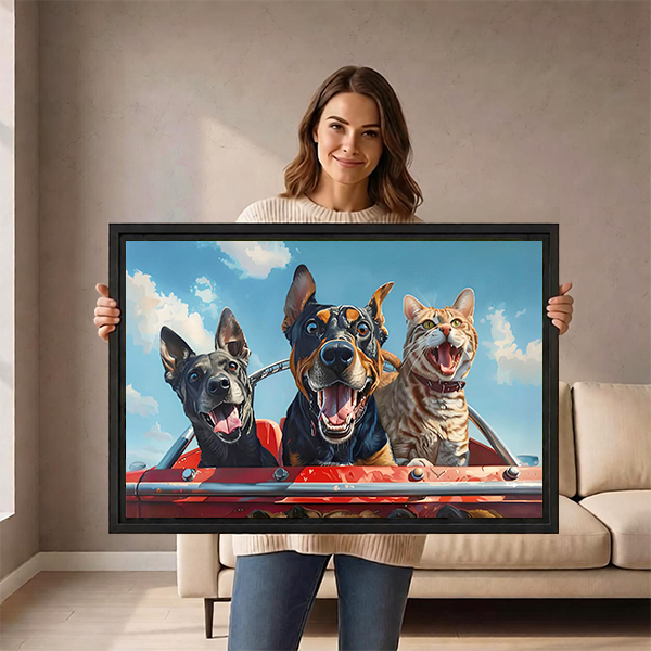 Woman holding funny pets road trip framed canvas wall art showing size reference