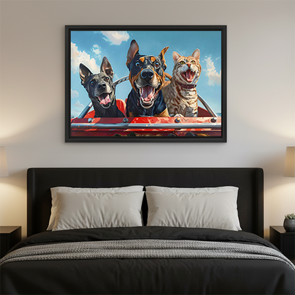 Whimsical pets road trip canvas wall art framed above bed as bedroom wall decor