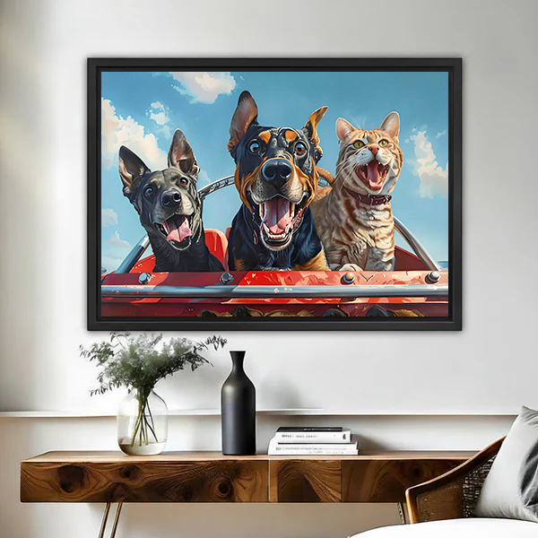 Funny pets road trip framed canvas wall art with black float frame hung on white wall