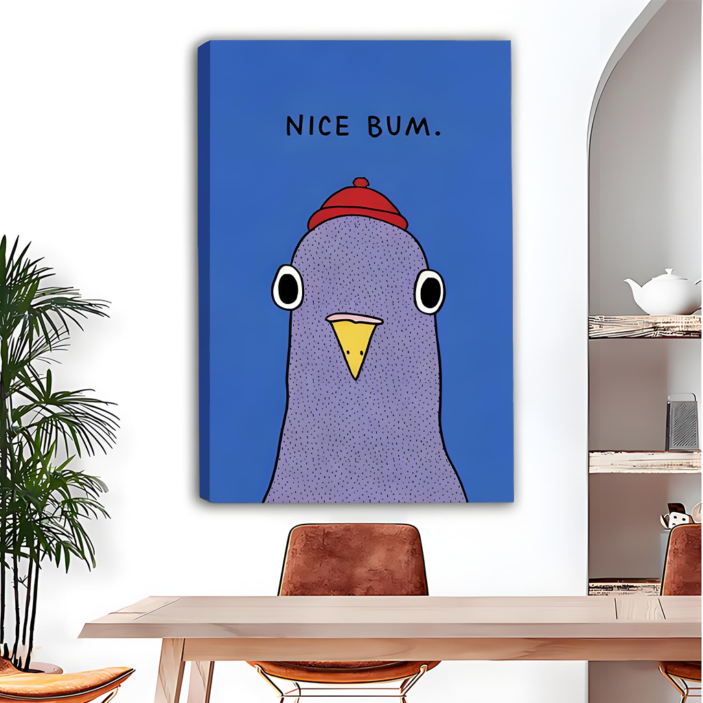 Nice Bum cartoon pigeon gallery-wrap canvas art displayed above wooden dining table in modern interior