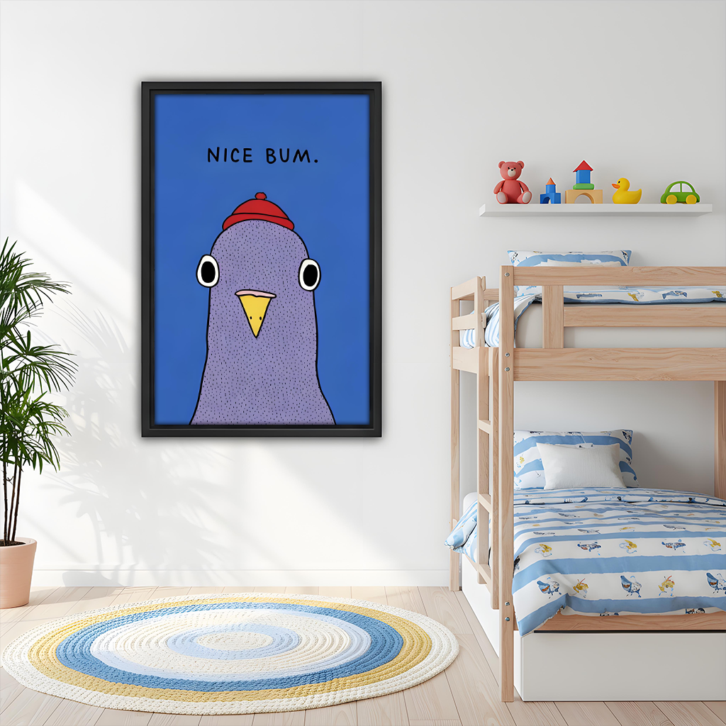 Framed cartoon pigeon Nice Bum humorous wall art hanging in bright kids bedroom above bunk bed