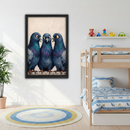 Black framed funny pigeon trio canvas art print hung in a bright kids bedroom with bunk bed and colorful toys