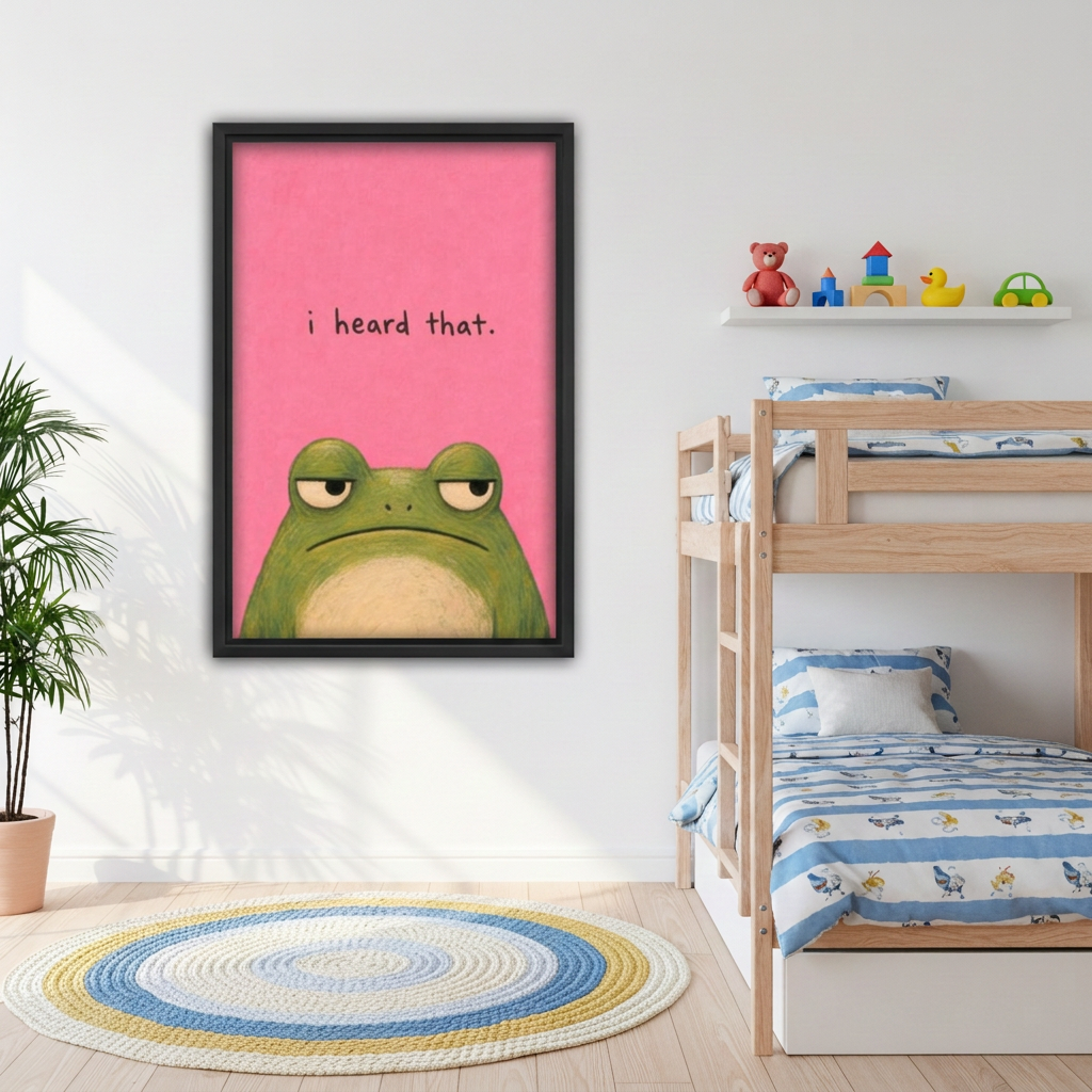 Funny pink frog canvas wall art with “i heard that” lettering beside wooden bunk beds
