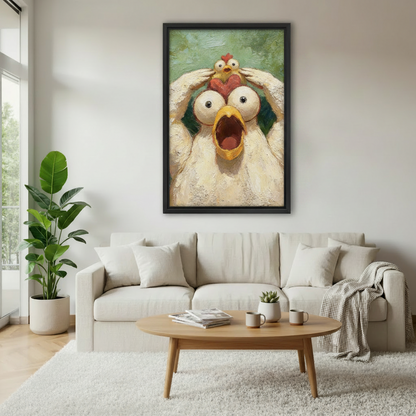 Framed funny screaming chicken with chick on head oil painting style wall art displayed above a cream sofa in a bright Scandinavian living room