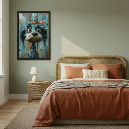 Funny scruffy dog and small bird framed wall print on sage green wall beside rattan bed with terracotta bedding in boho bedroom