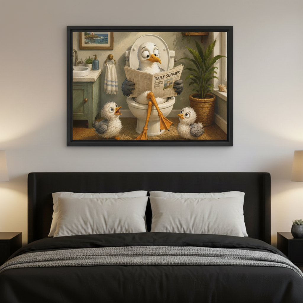 Whimsical seagull bathroom canvas print above bed – funny bird wall art for bedroom decor