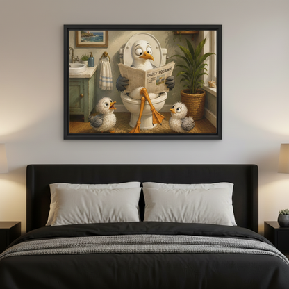 Whimsical seagull bathroom canvas print above bed – funny bird wall art for bedroom decor