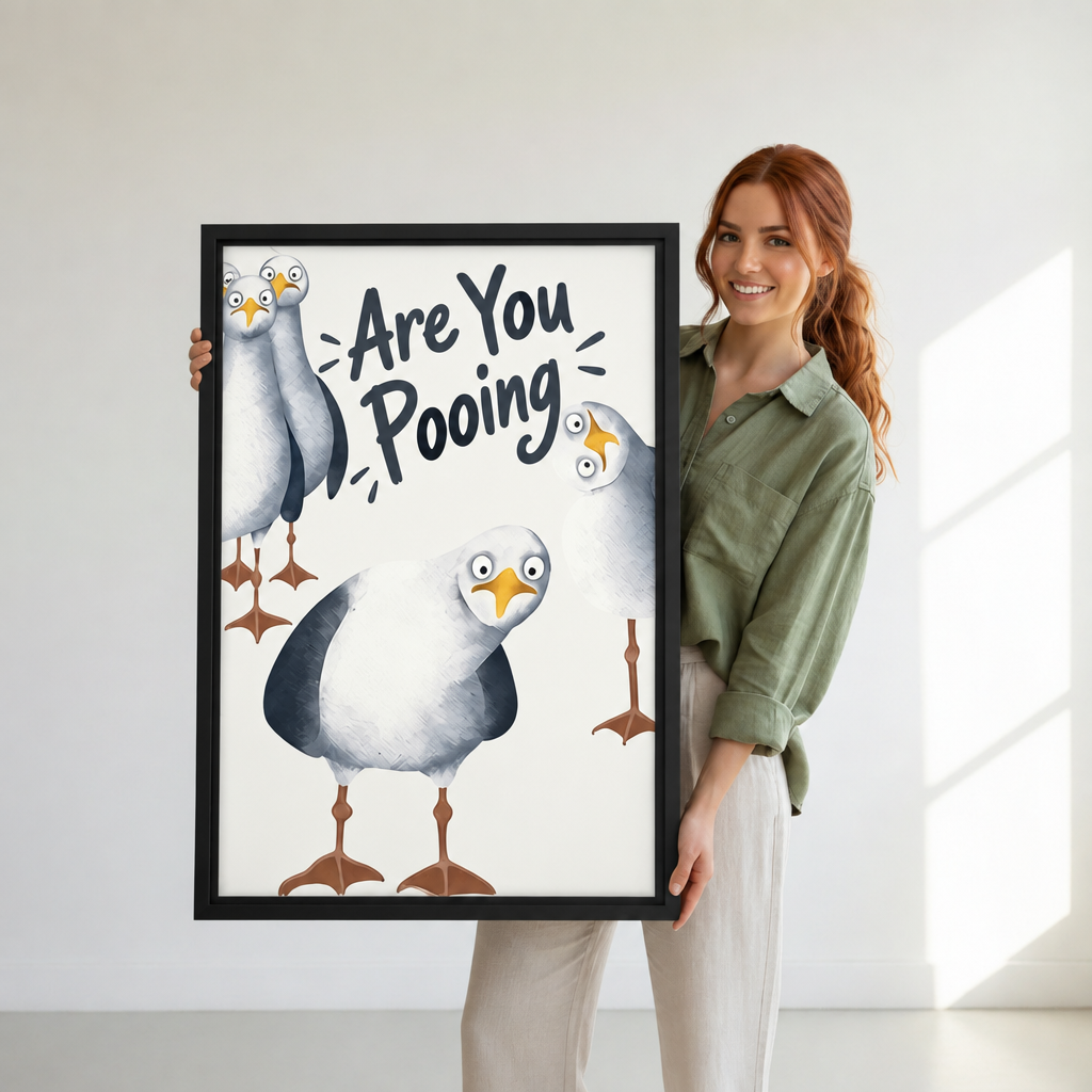 Funny seagull bathroom canvas wall art in a black frame, held up to show the bird illustration.