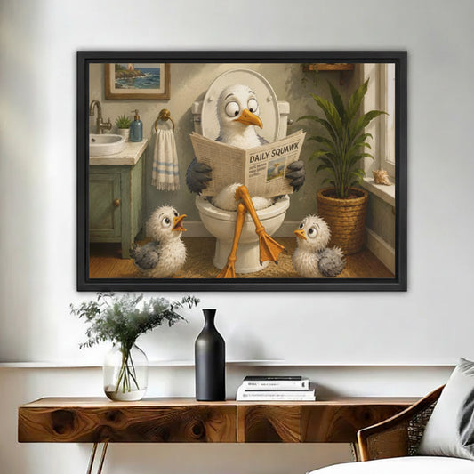 Whimsical seagull family bathroom canvas print displayed in living room – funny bird wall art decor 