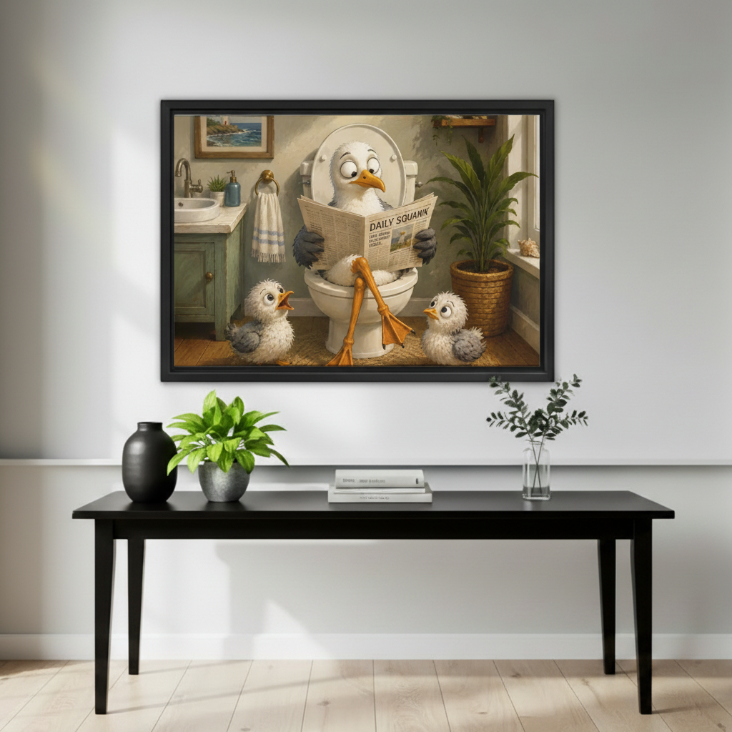 Funny seagull reading Daily Squawk canvas wall art in modern hallway – humorous bird bathroom print