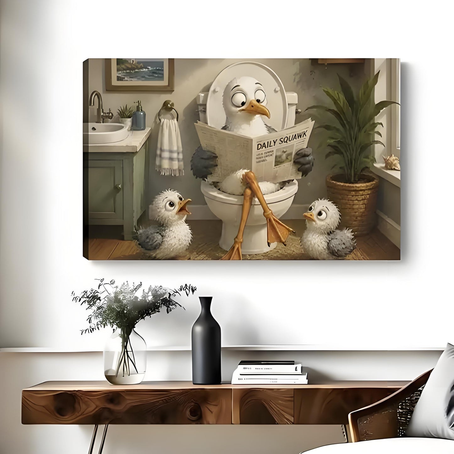 Funny seagull with baby birds canvas wall art unframed version – whimsical bathroom print by Liberty Signs