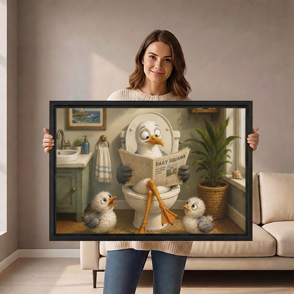 Funny seagull reading newspaper canvas wall art – woman holding whimsical bird bathroom print