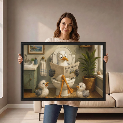 Funny seagull reading newspaper canvas wall art – woman holding whimsical bird bathroom print