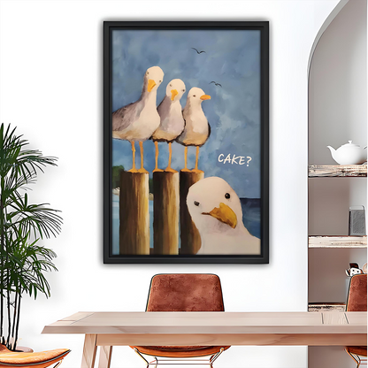 funny-seagull-cake-coastal-art-framed-dining-room