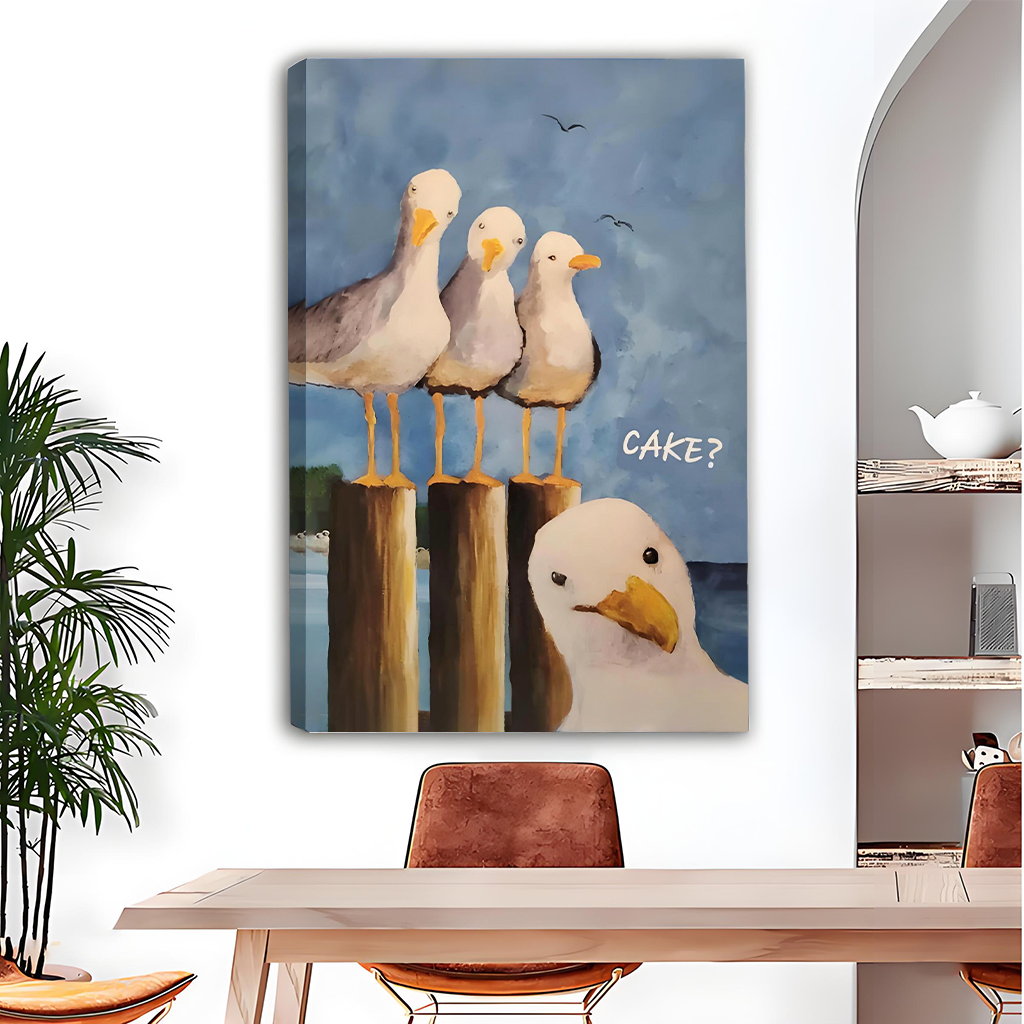 funny-seagull-cake-coastal-canvas-unframed-dining-room