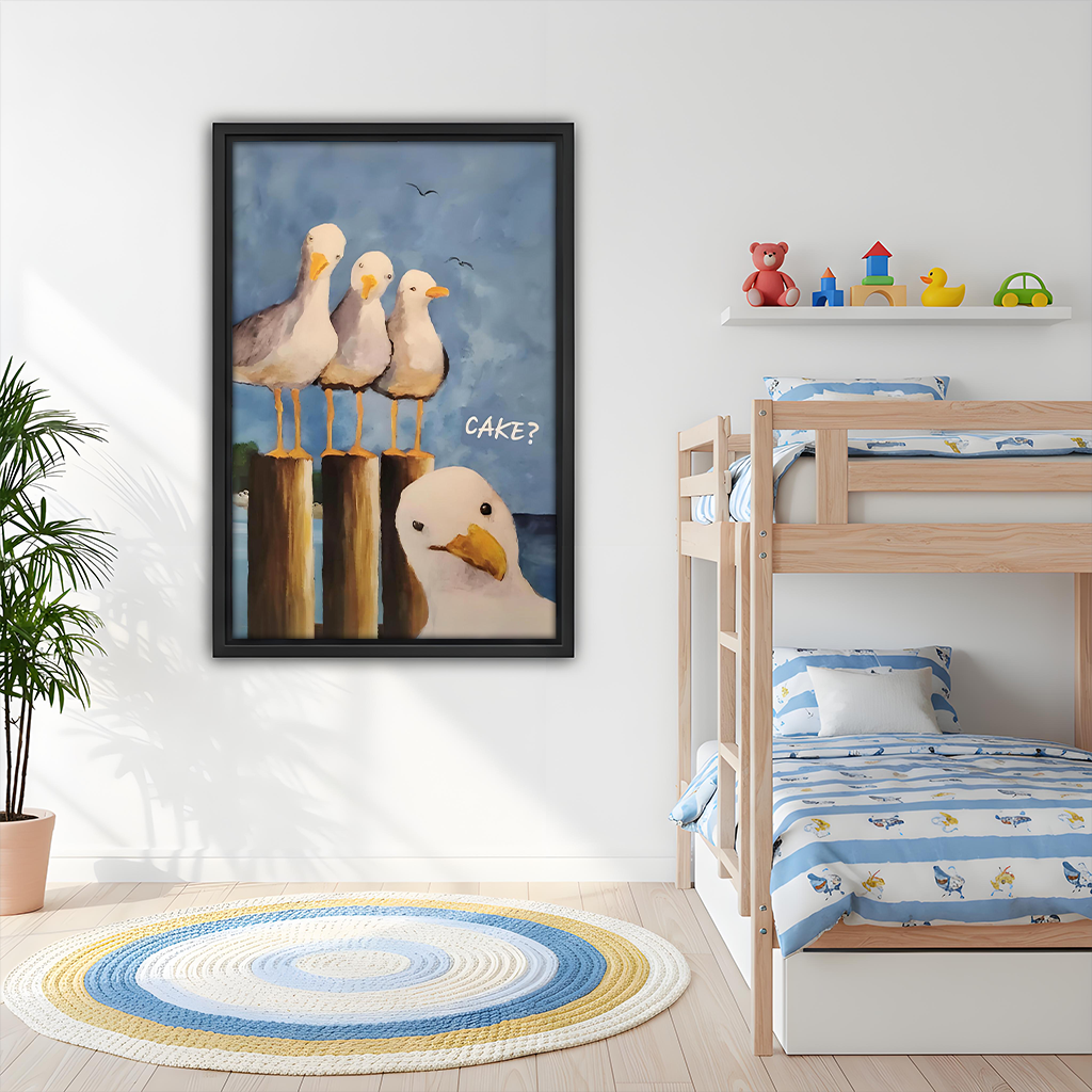Framed funny seagull CAKE coastal wall art hanging above a bunk bed in a cheerful children's bedroom