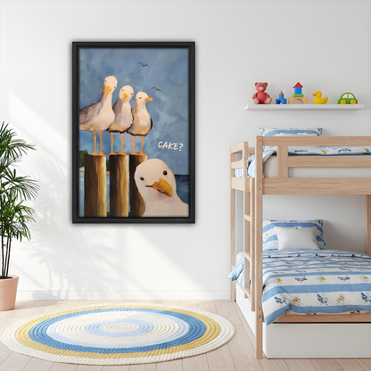 Framed funny seagull CAKE coastal wall art hanging above a bunk bed in a cheerful children's bedroom